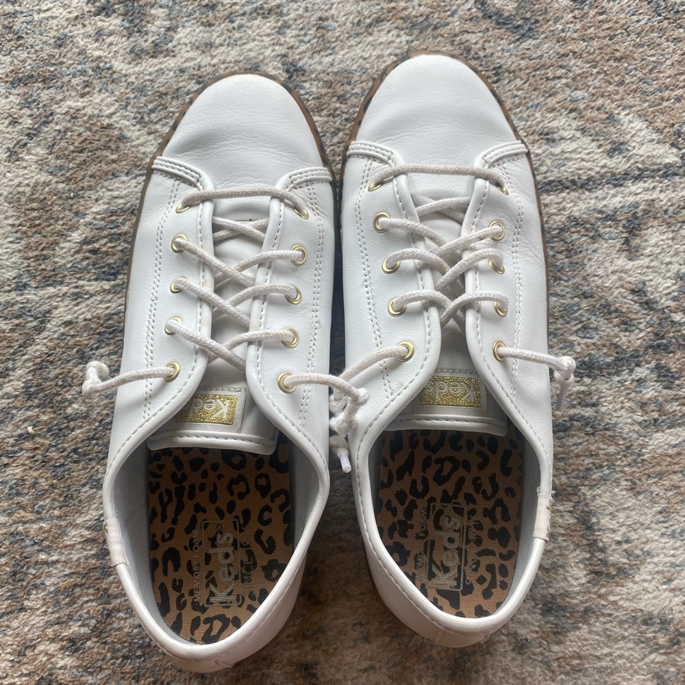 Keds Womens Sneakers Leopard cheetah Sole white leather upper WH64417
